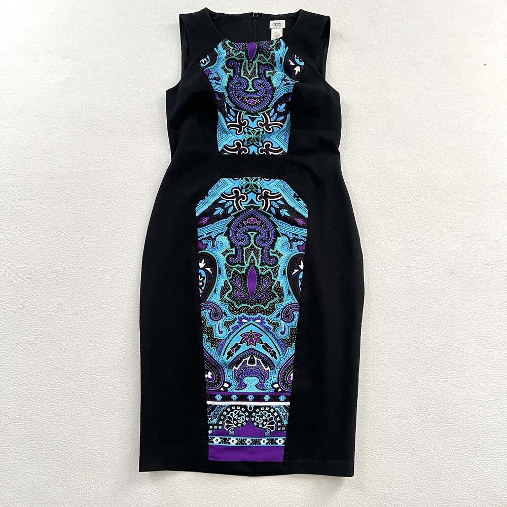Cache Women Black Blue Purple Paisley Print Sheath Sleeveless Lined Dress 0